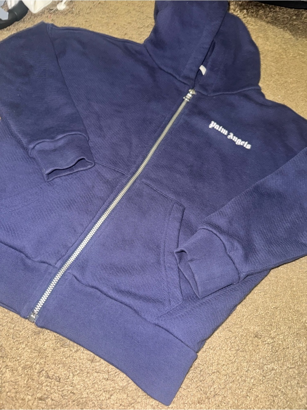 Palm Angels Navy Full-Zip Hoodie with White Logo